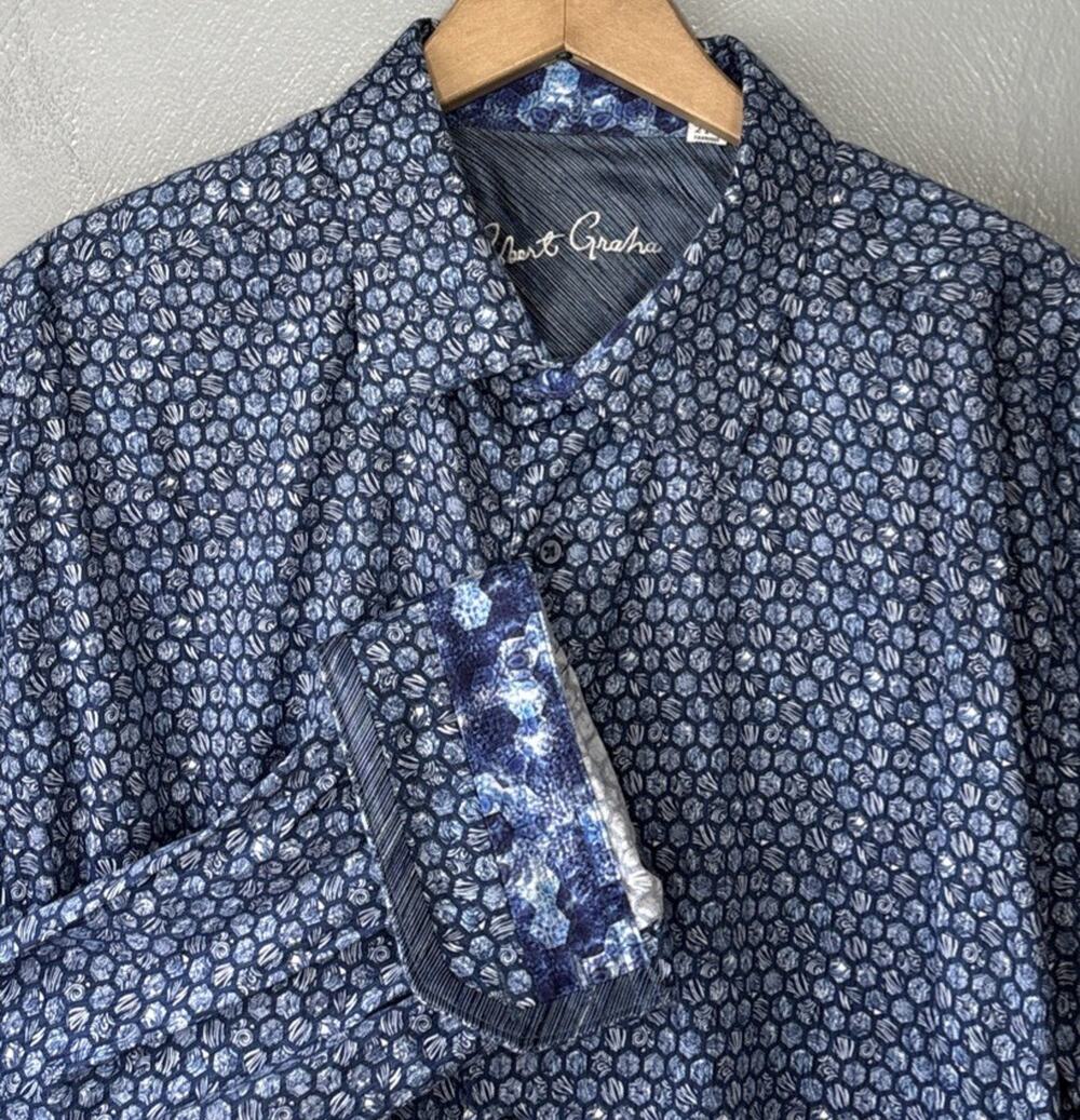 Robert Graham Dress Shirt Mens Size 2XL Blue Flip Cuff Button Up Preppy Office